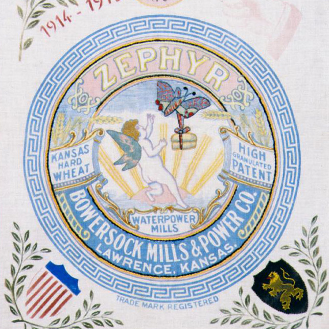Embroidered flour sack at Hoover Library